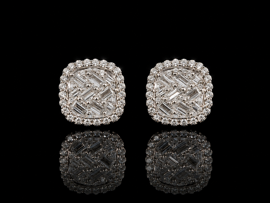 10K WHITE GOLD BAGUETTE AND ROUND DIAMOND EARRINGS