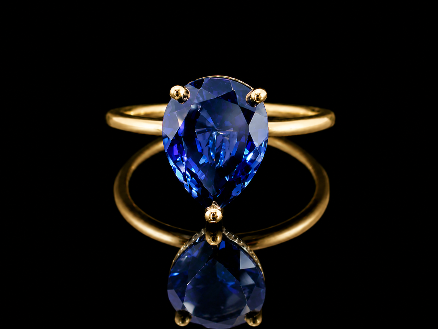 18K Yellow Gold Lab Blue Sapphire Pear Shape & Diamond Ring