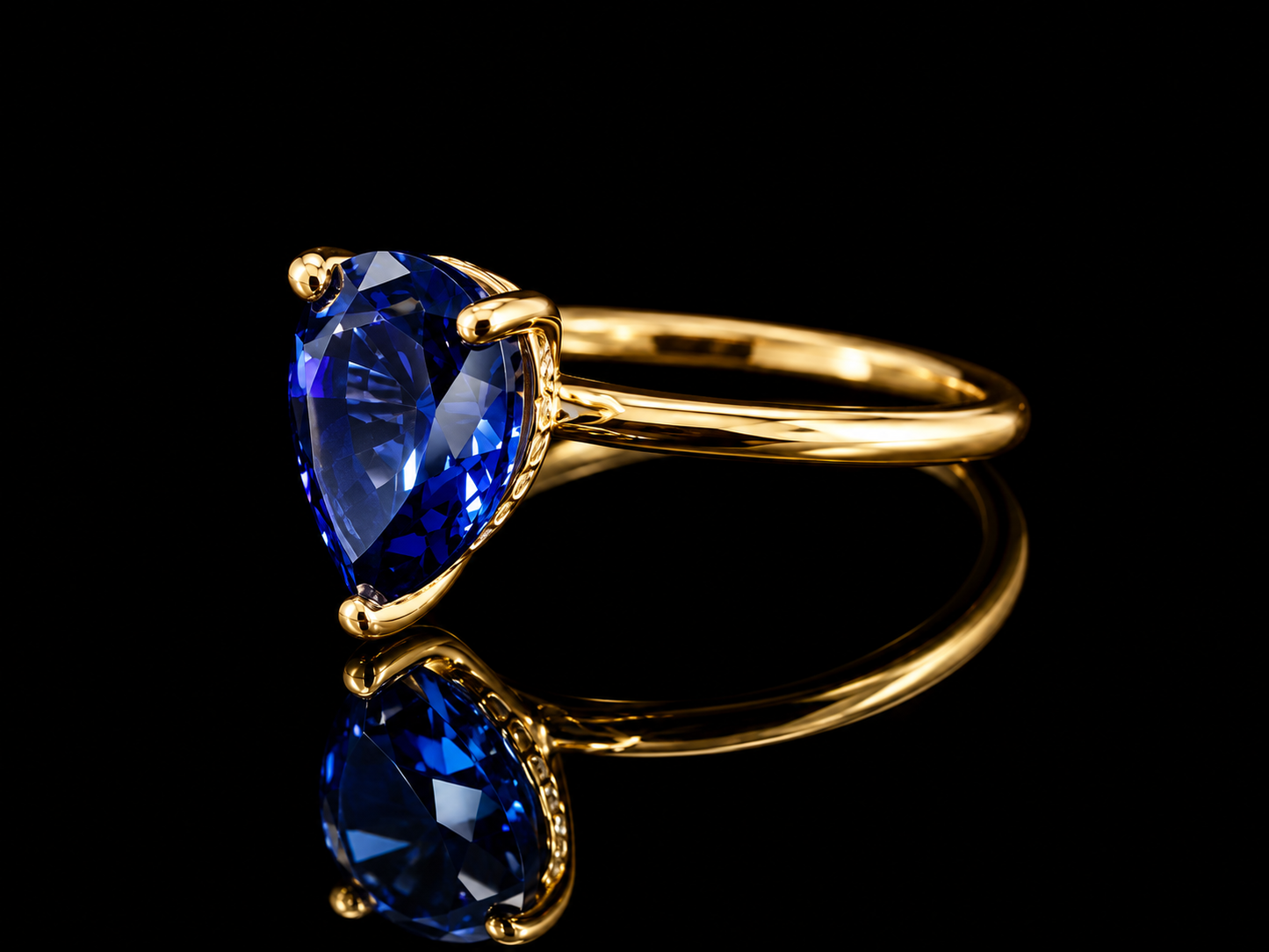 18K Yellow Gold Lab Blue Sapphire Pear Shape & Diamond Ring