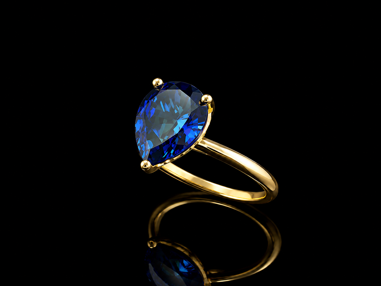 18K Yellow Gold Lab Blue Sapphire Pear Shape & Diamond Ring
