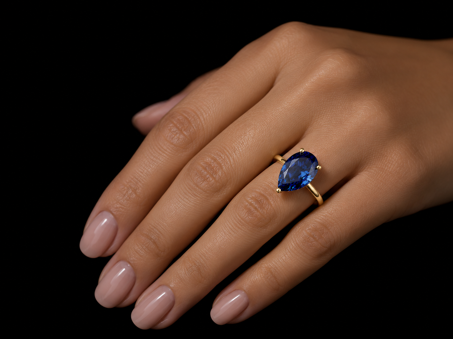 18K Yellow Gold Lab Blue Sapphire Pear Shape & Diamond Ring