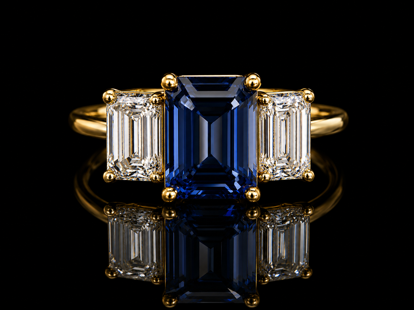18K Yellow Gold Lab Blue Sapphire Emerald Cut & Diamond Ring