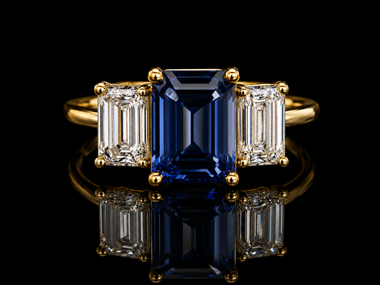 18K Yellow Gold Lab Blue Sapphire Emerald Cut & Diamond Ring