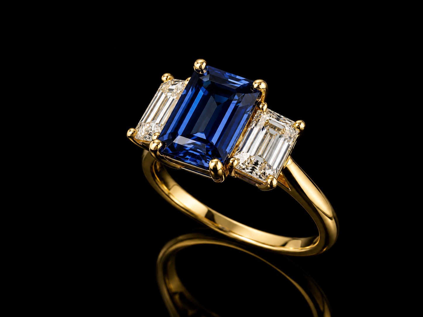 18K Yellow Gold Lab Blue Sapphire Emerald Cut & Diamond Ring