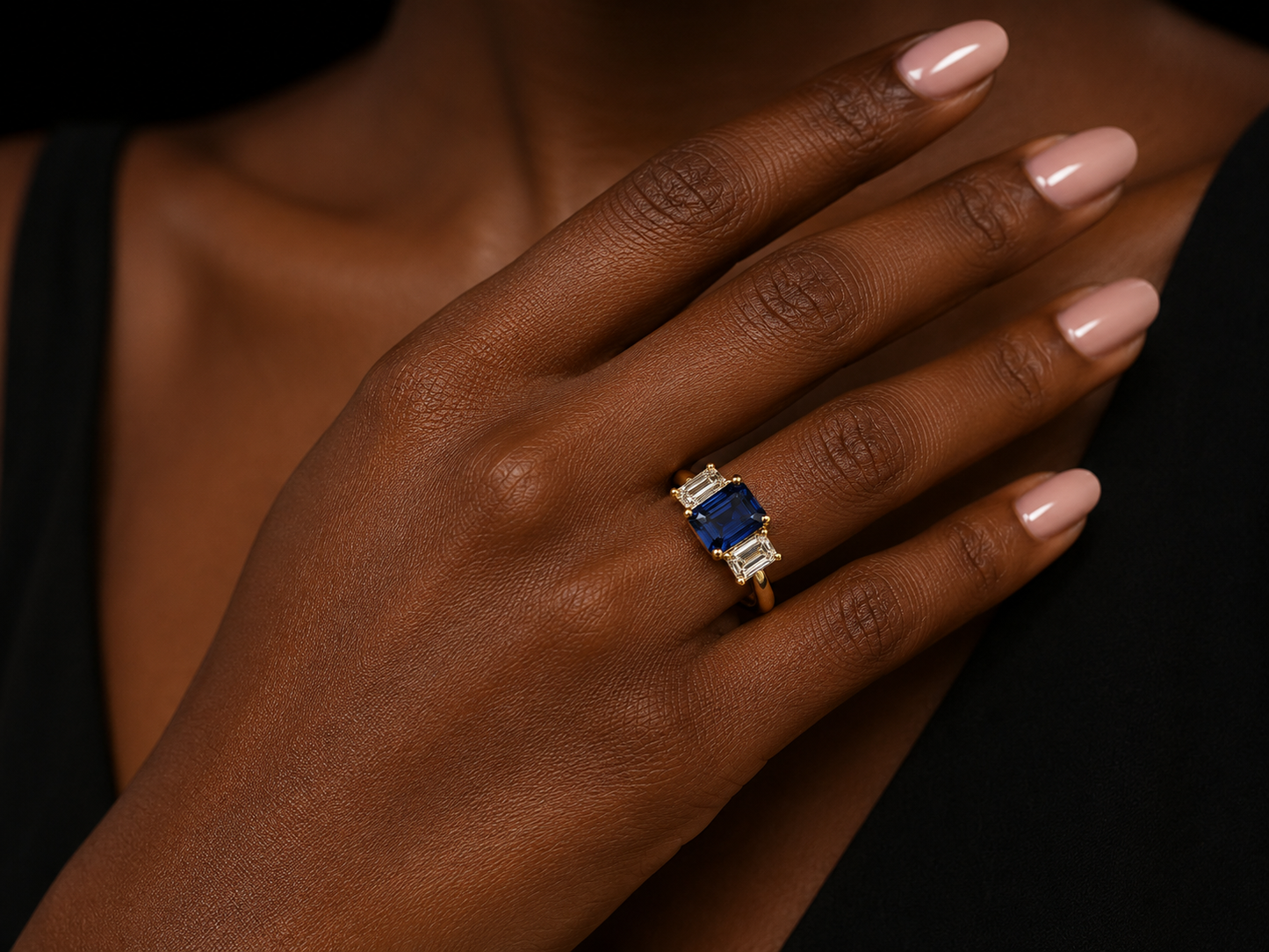 18K Yellow Gold Lab Blue Sapphire Emerald Cut & Diamond Ring