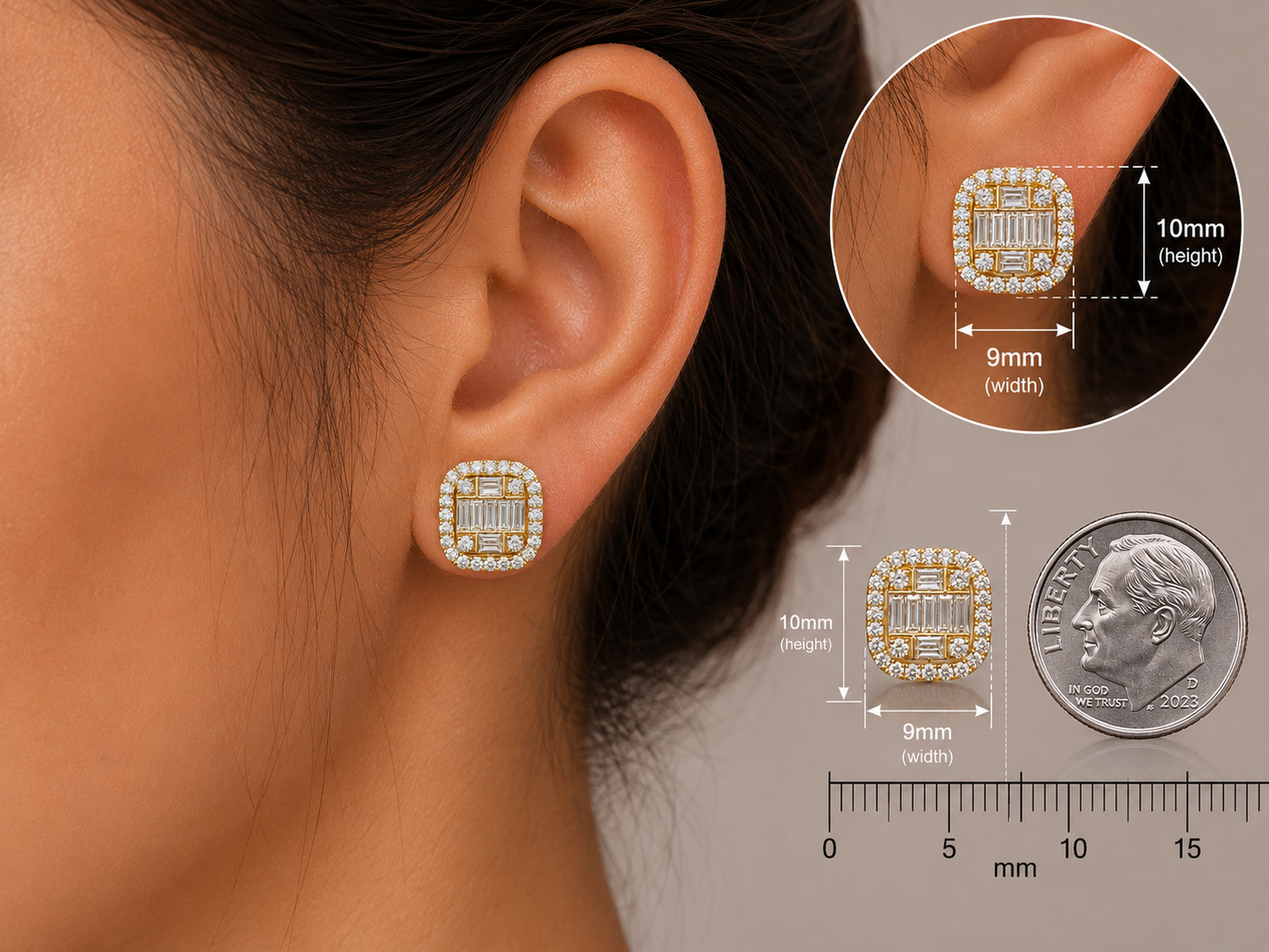 BOUCLES D'OREILLES EN OR JAUNE 18K RONDES ET BAGUETTES DIAMANTS