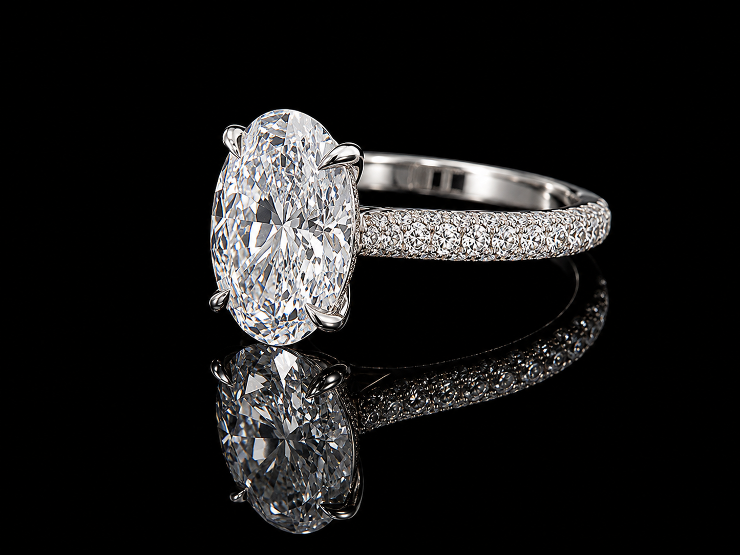 14K White Gold Oval Cut Lab Diamond Engagement Ring – 3.39 ct Total – IGI Certified