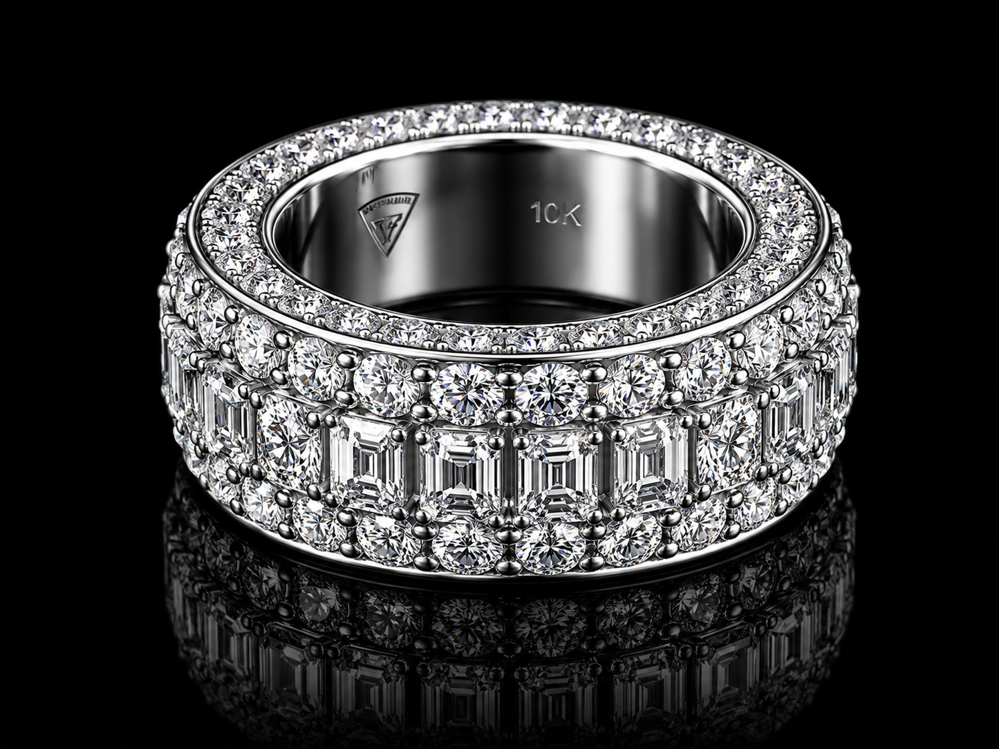 10K White Gold Eternity Band Ring – 7.10 CT VVS F+ Natural Emerald-Cut & Round Diamonds | 8MM