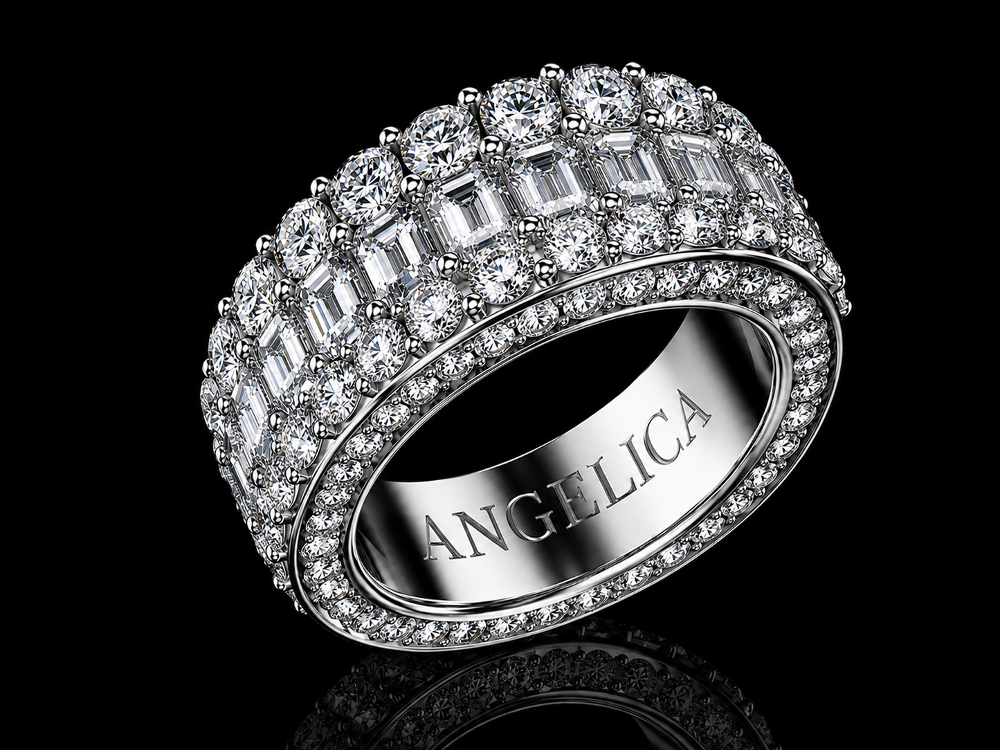 10K White Gold Eternity Band Ring – 7.10 CT VVS F+ Natural Emerald-Cut & Round Diamonds | 8MM