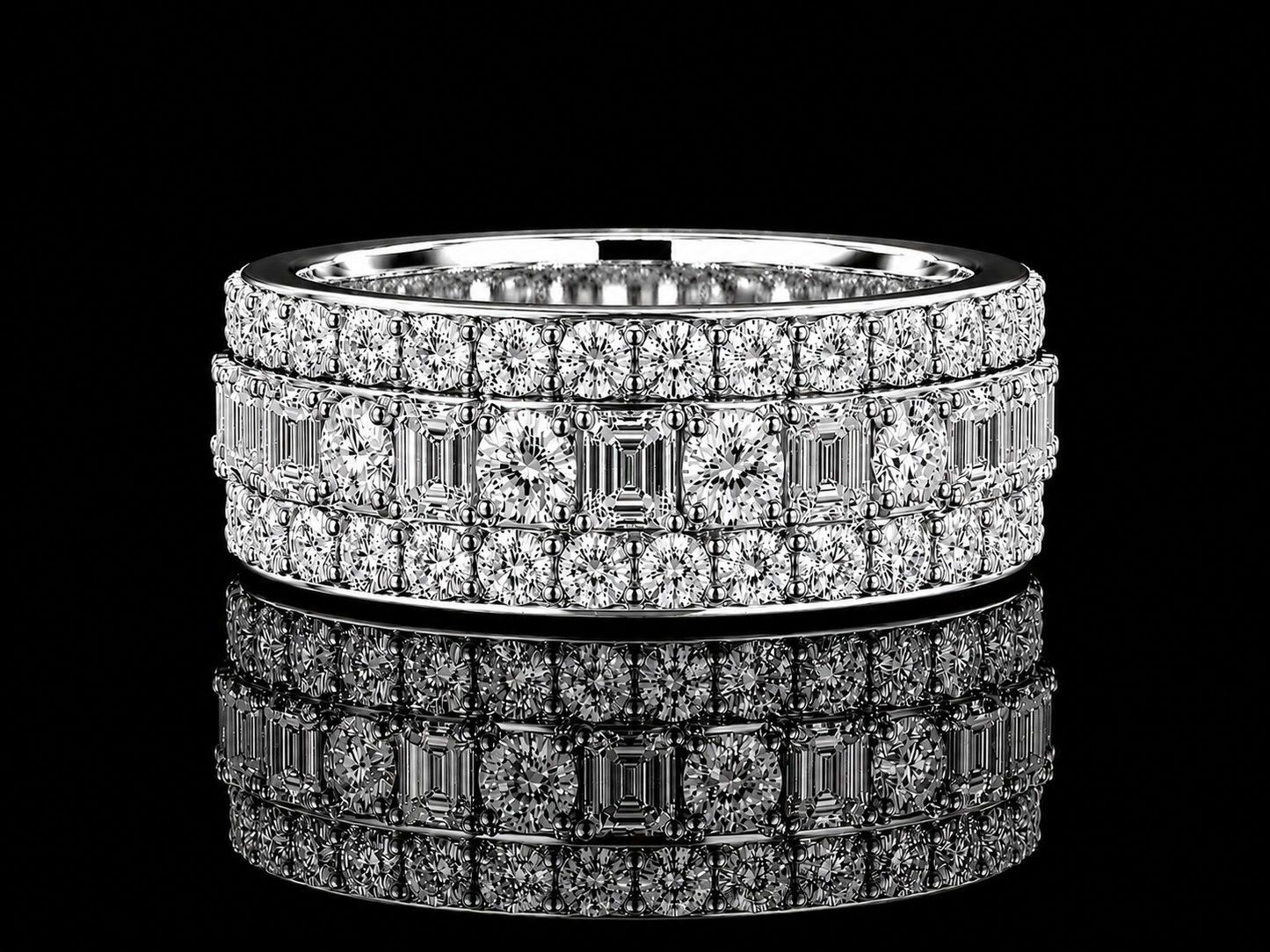 10K White Gold Eternity Band Ring – 7.10 CT VVS F+ Natural Emerald-Cut & Round Diamonds | 8MM