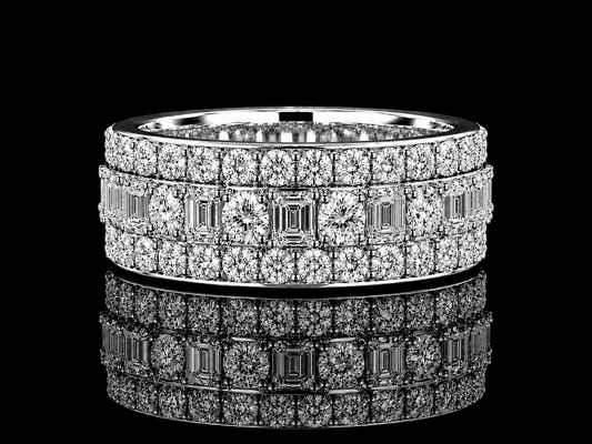 10K White Gold Eternity Band Ring – 7.10 CT VVS F+ Natural Emerald-Cut & Round Diamonds | 8MM