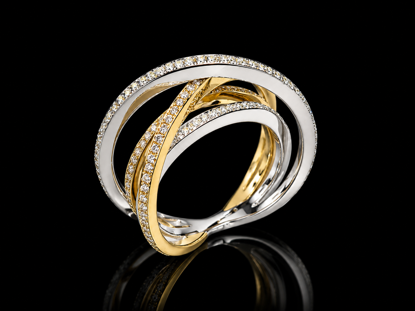 18K Two-Tone Twist Diamond Ring – 0.60 CT Natural VS/F Diamonds | White & Yellow Gold Crossover Designer Ring