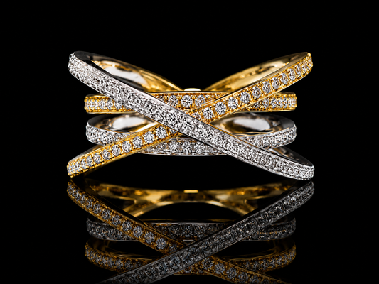 18K Two-Tone Twist Diamond Ring – 0.60 CT Natural VS/F Diamonds | White & Yellow Gold Crossover Designer Ring