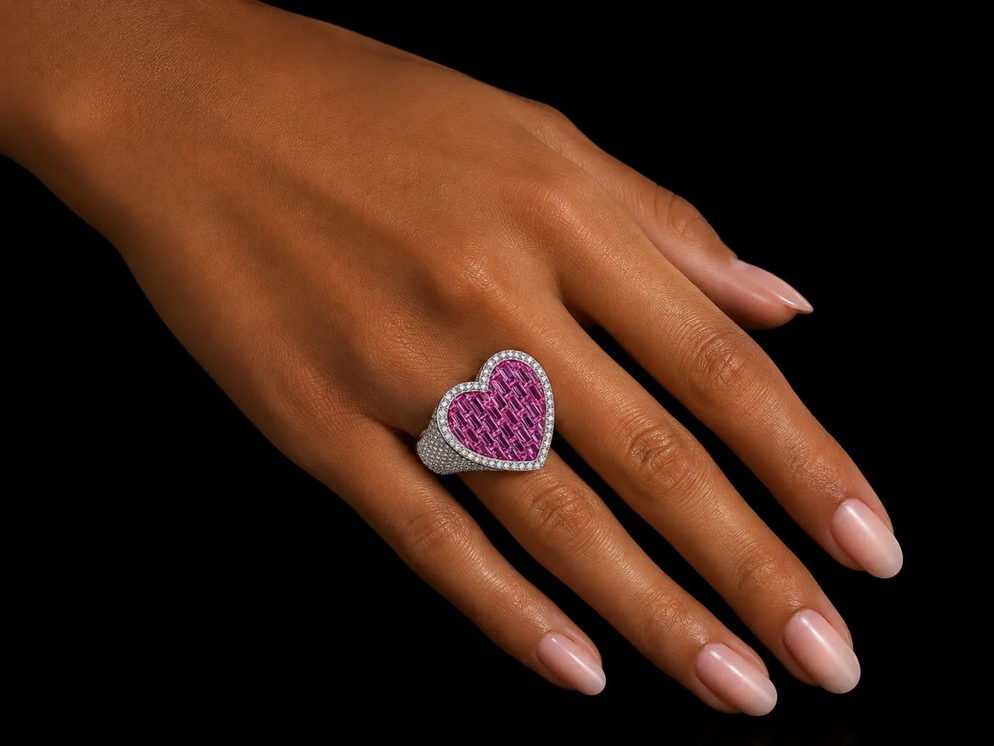 10K White Gold Natural Pink Sapphire & Diamond Heart Ring – 10.88 CT Total Gem Weight Angelica Jewellers