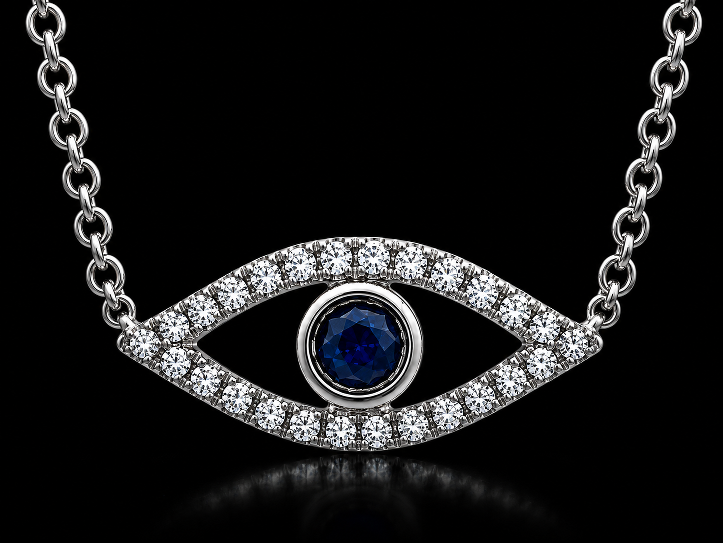 14K White Gold Diamond & Sapphire Evil Eye Pendant Necklace