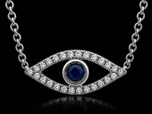 14K White Gold Diamond & Sapphire Evil Eye Pendant Necklace