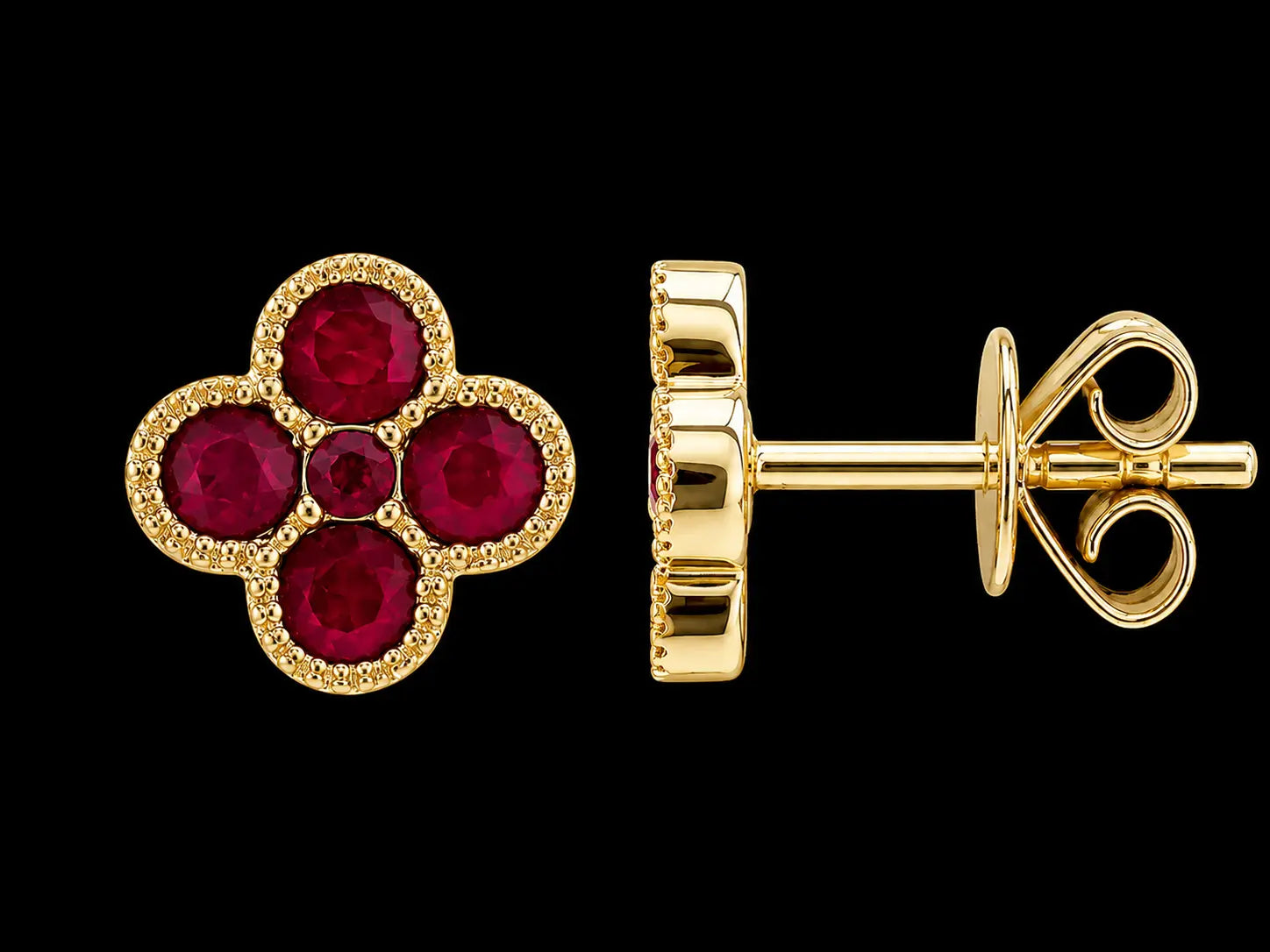 14K Yellow Gold Ruby Clover Stud Earrings superbell