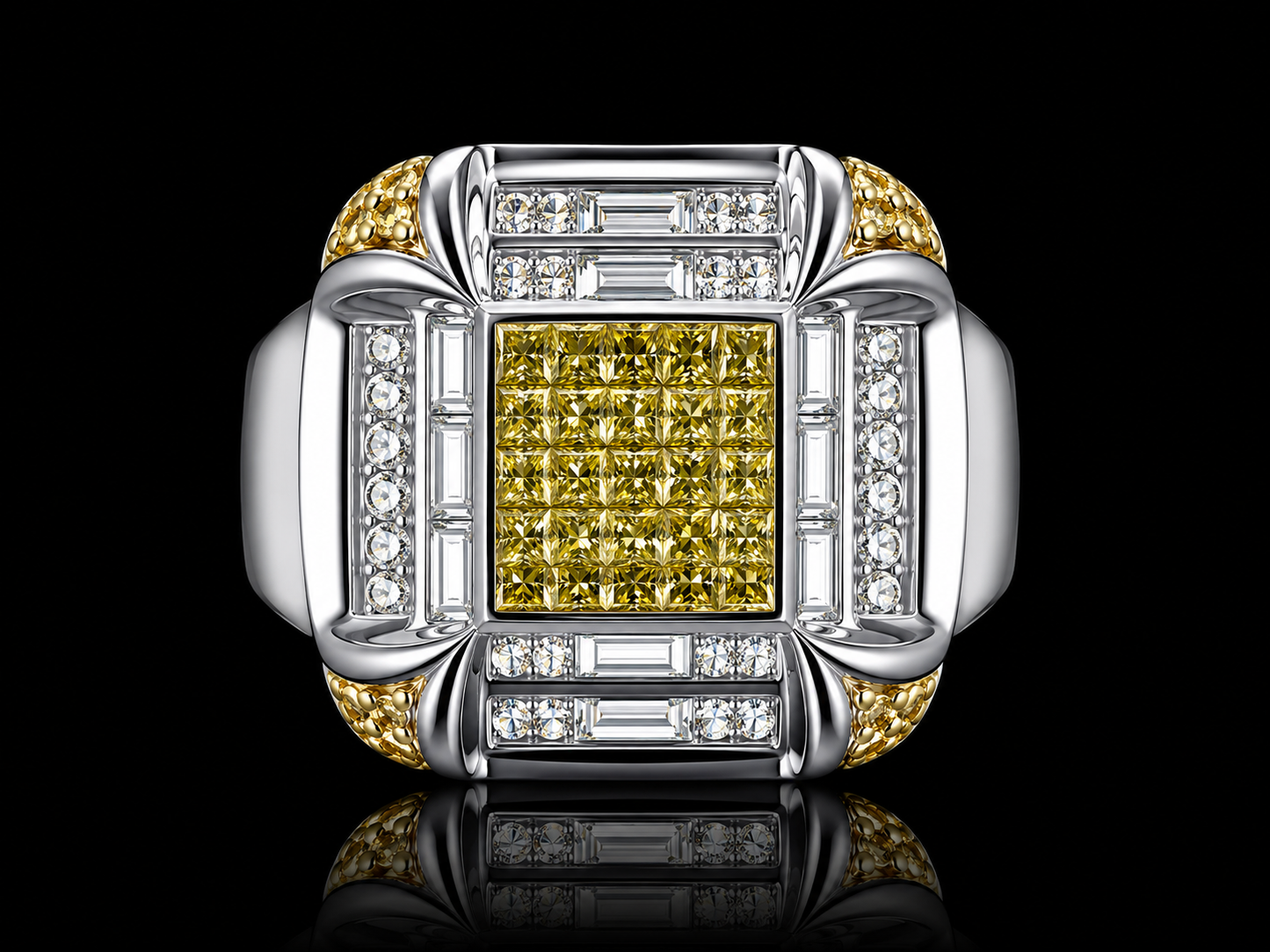 14K White Gold Old School Signet Ring – 2.50 CT Natural White & Yellow Diamonds