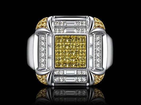 14K White Gold Old School Signet Ring – 2.50 CT Natural White & Yellow Diamonds Angelica Jewellers