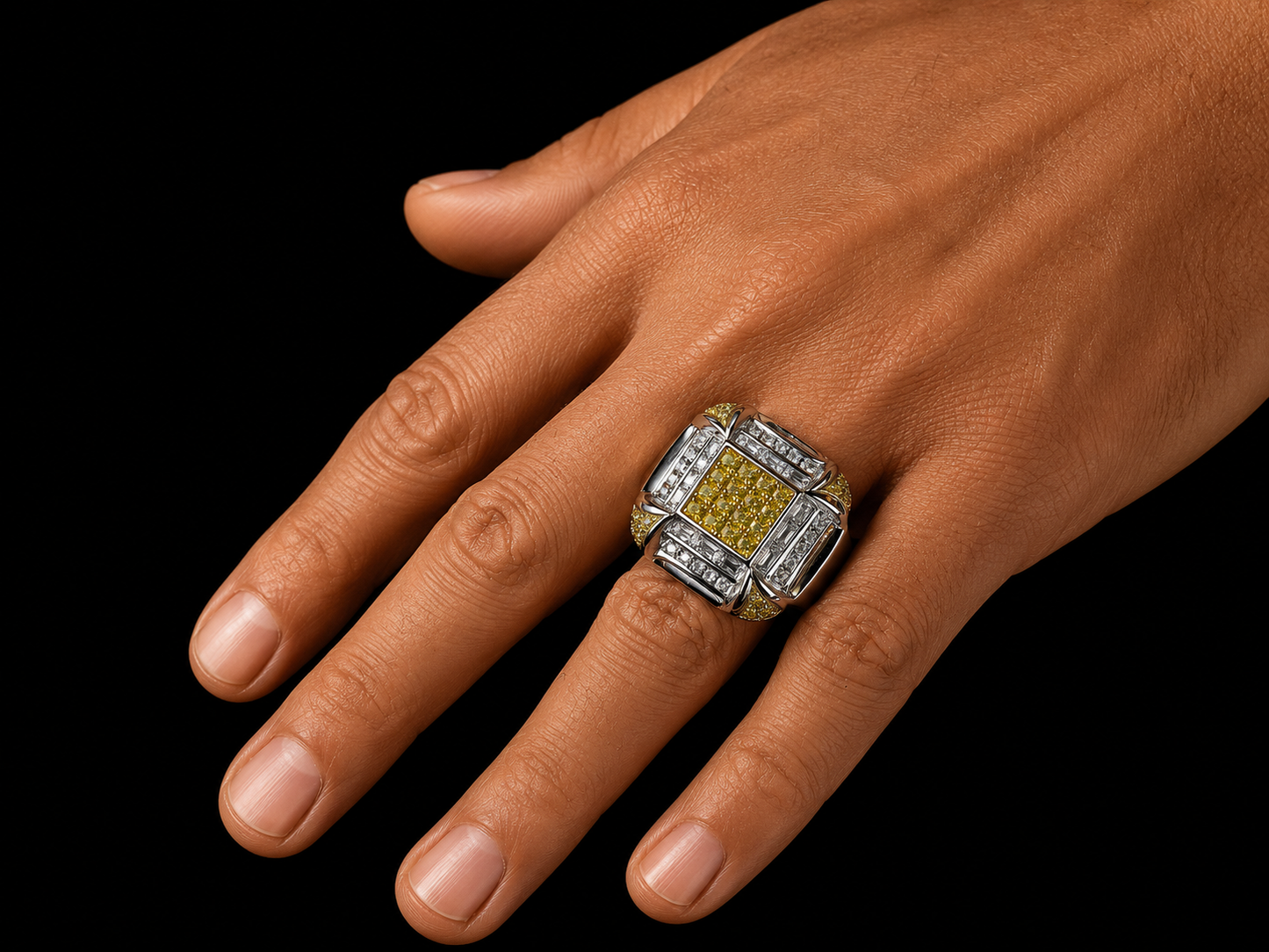 14K White Gold Old School Signet Ring – 2.50 CT Natural White & Yellow Diamonds