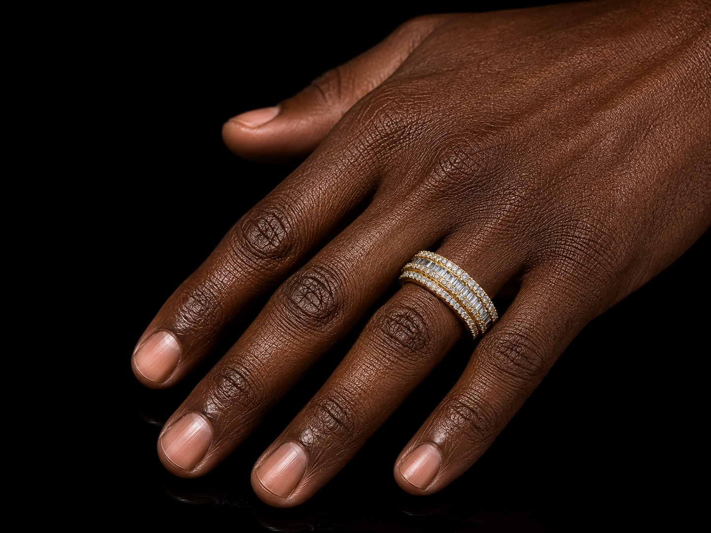14K Yellow Gold 1.20 CT Diamond Band – Round & Baguette Double-Step Design