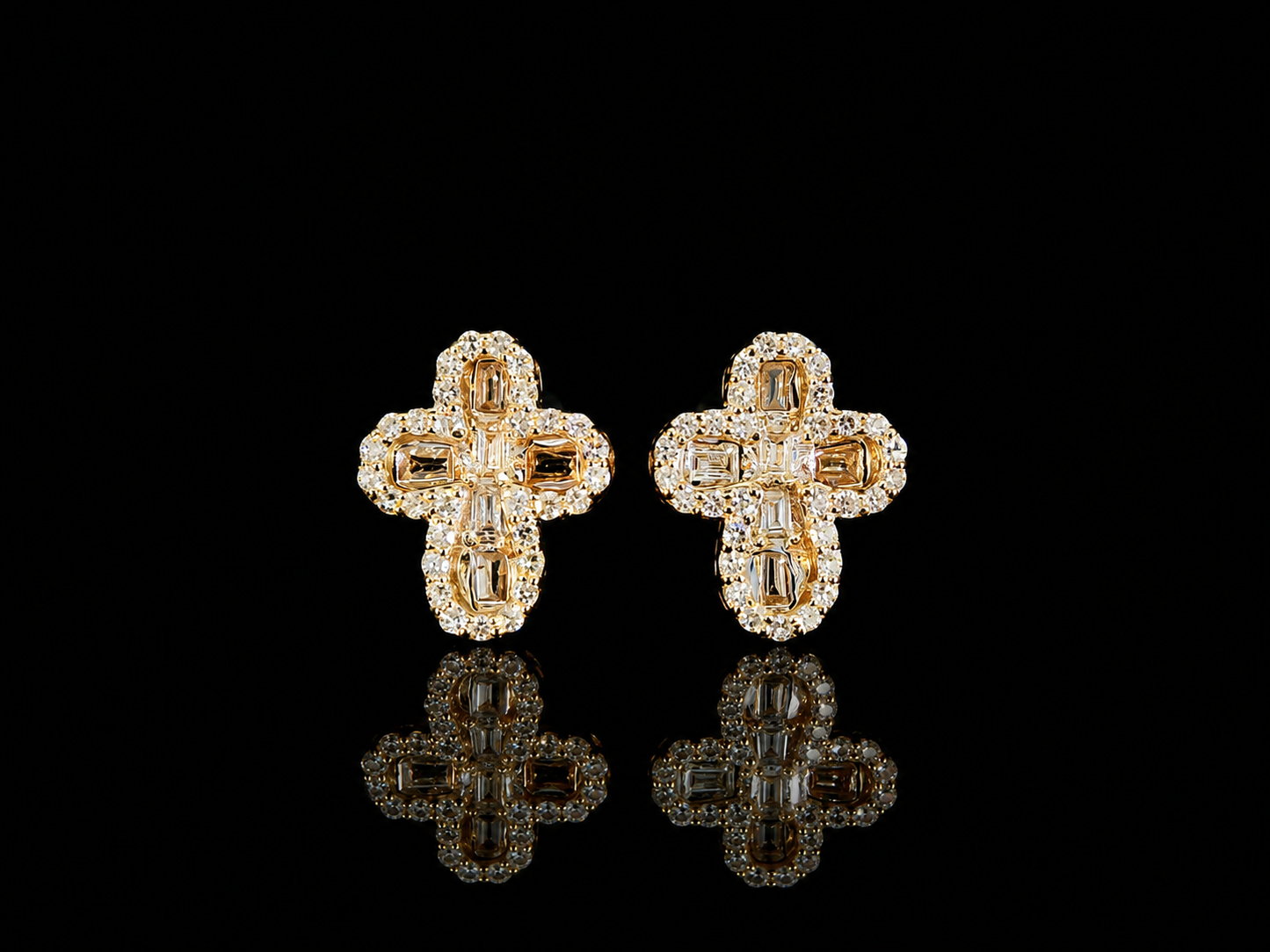 10K YELLOW GOLD BAGUETTE AND ROUND DIAMOND CROSS EARRINGS