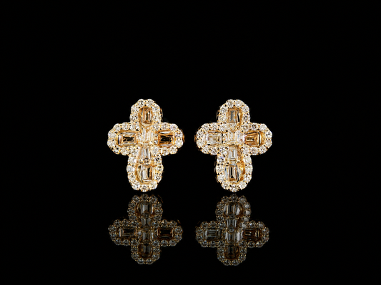 10K YELLOW GOLD BAGUETTE AND ROUND DIAMOND CROSS EARRINGS