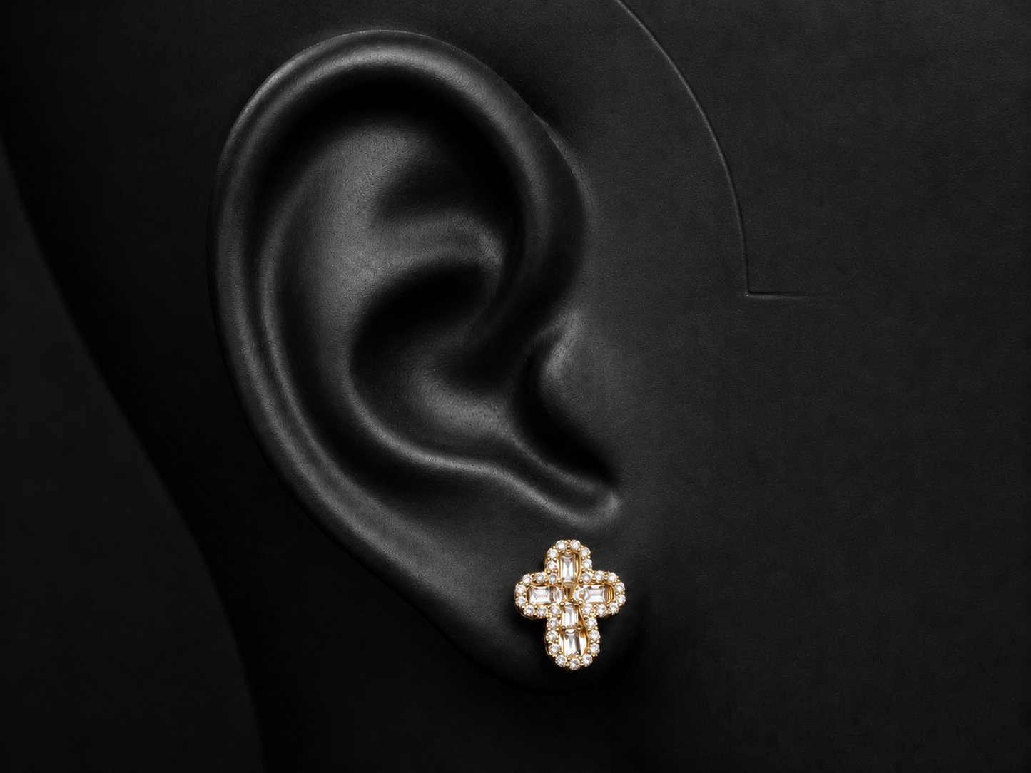10K YELLOW GOLD BAGUETTE AND ROUND DIAMOND CROSS EARRINGS