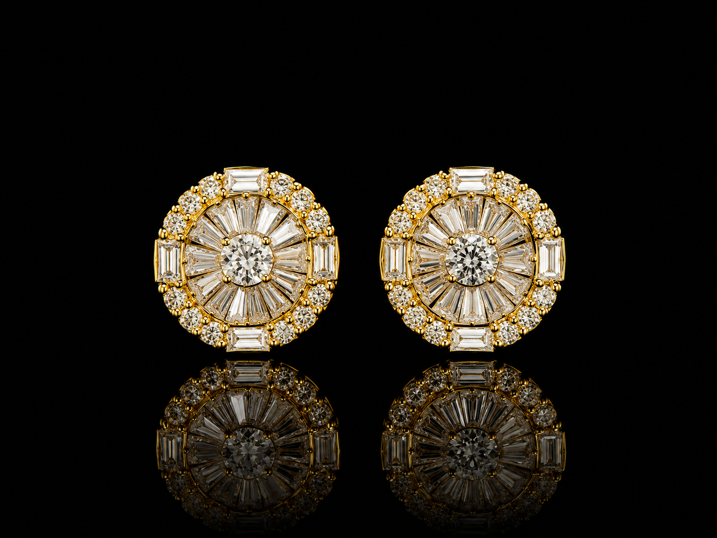 10K YELLOW GOLD BAGUETTE AND ROUND DIAMOND EARRINGS