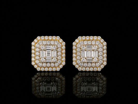 10K YELLOW GOLD BAGUETTE AND ROUND DIAMOND EARRINGS