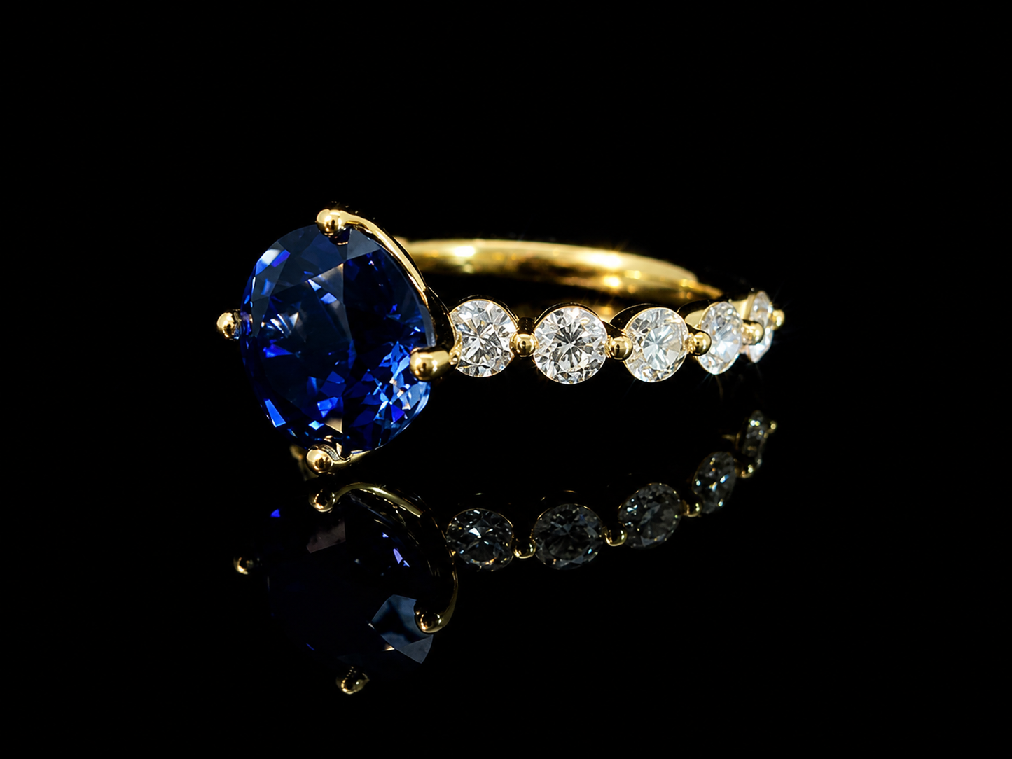 18K Yellow Gold 3.60 ct. Lab-Grown Blue Sapphire Round Cut & 1.10 ct. Diamond Ring