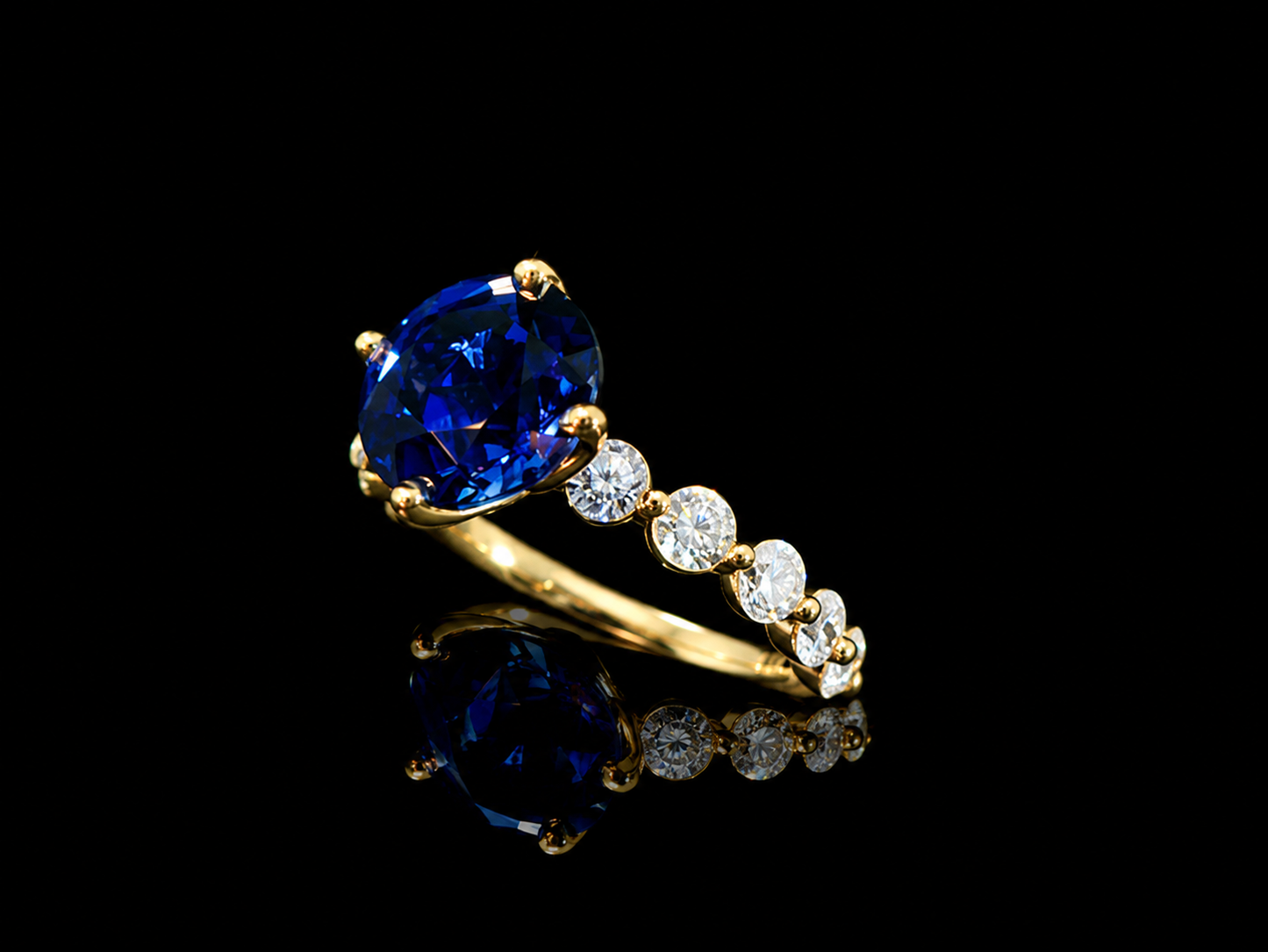 18K Yellow Gold 3.60 ct. Lab-Grown Blue Sapphire Round Cut & 1.10 ct. Diamond Ring