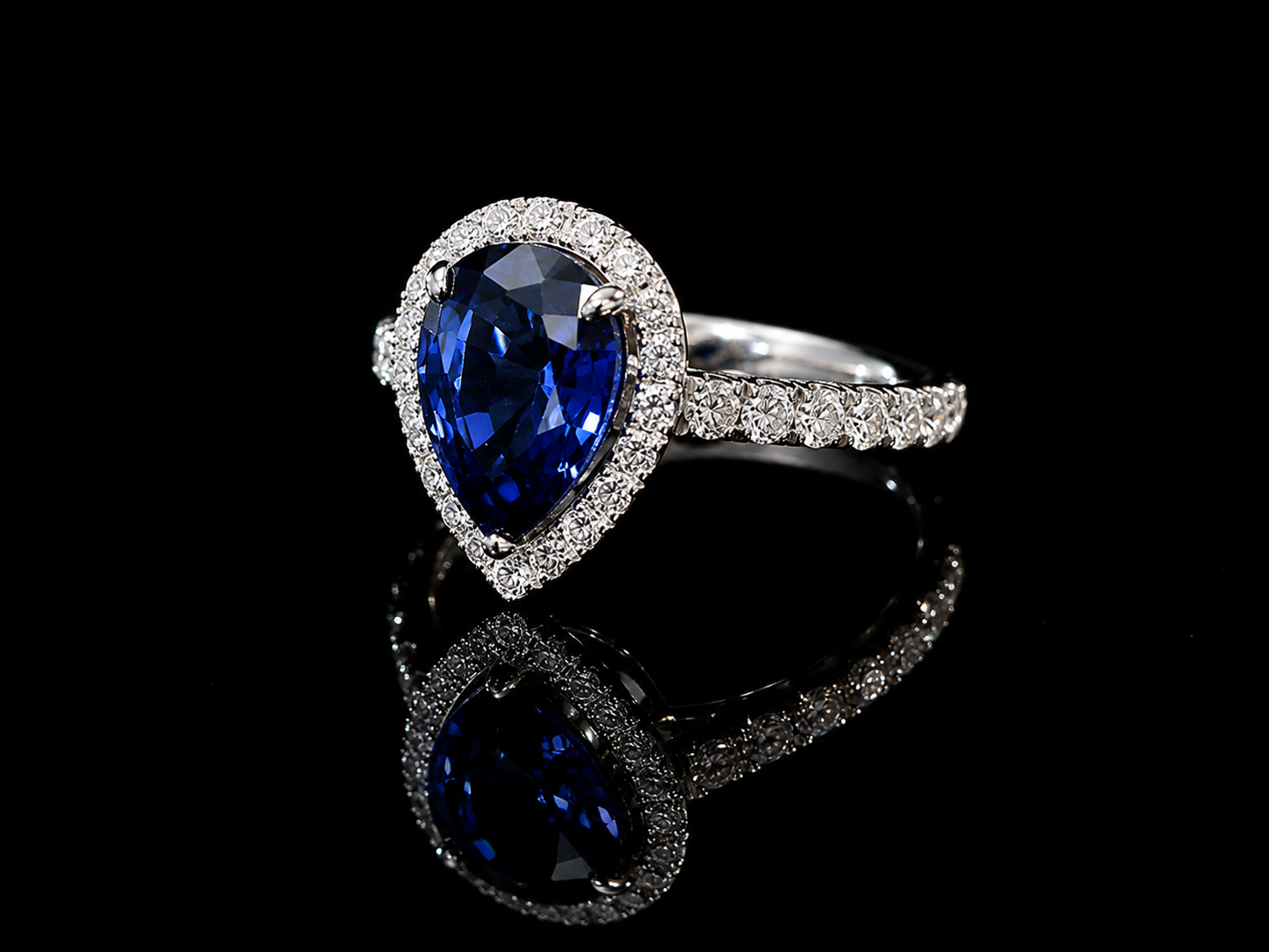14K White Gold 2.49 ct. Lab-Grown Blue Sapphire Pear Shape with 0.85 ct. natural Diamonds Ring