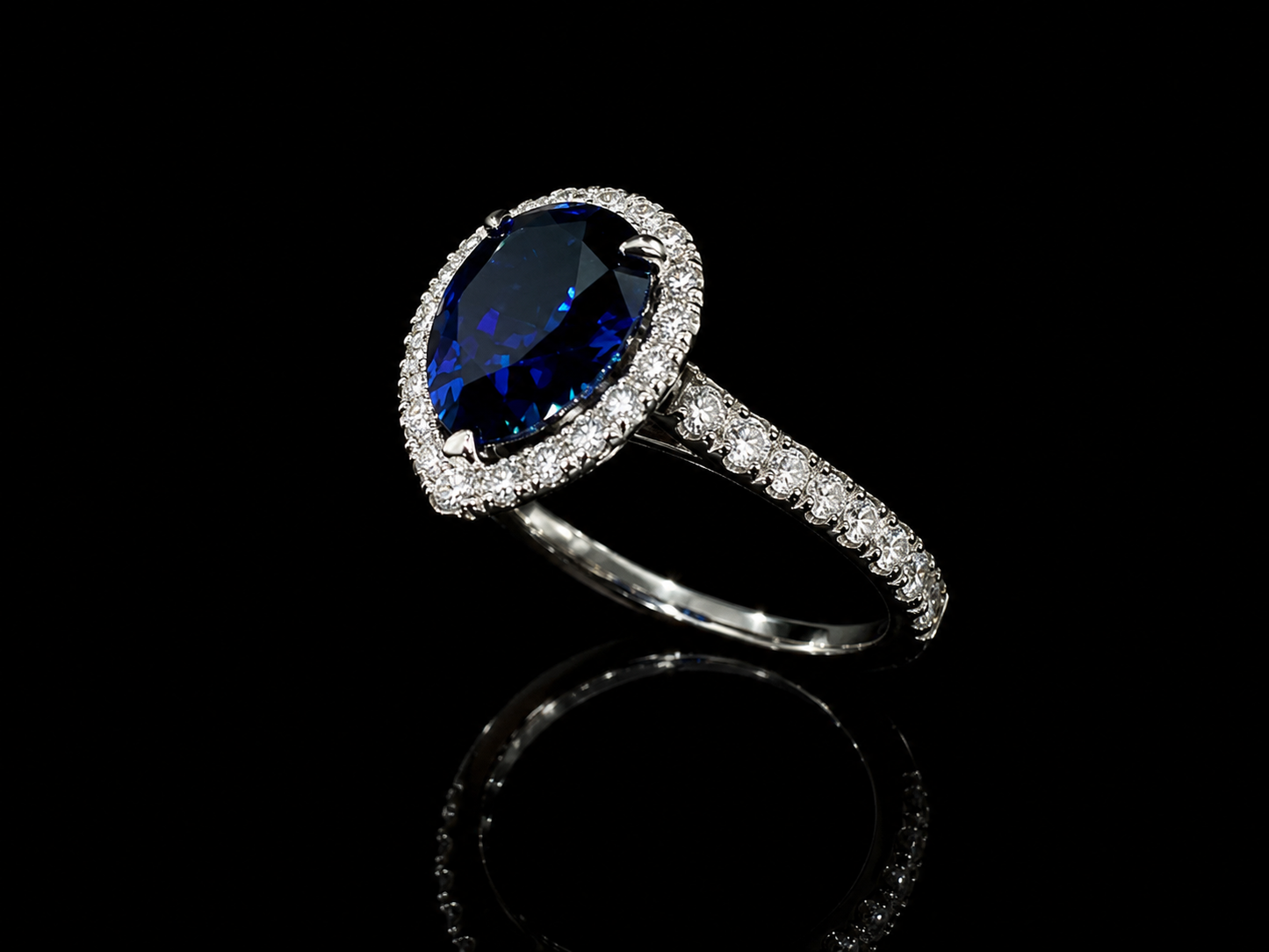 14K White Gold 2.49 ct. Lab-Grown Blue Sapphire Pear Shape with 0.85 ct. natural Diamonds Ring