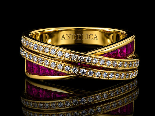 18K Yellow Gold Natural Ruby & Diamond Criss-Cross Ring – 1.30 CT Princess-Cut Rubies Angelica Jewellers