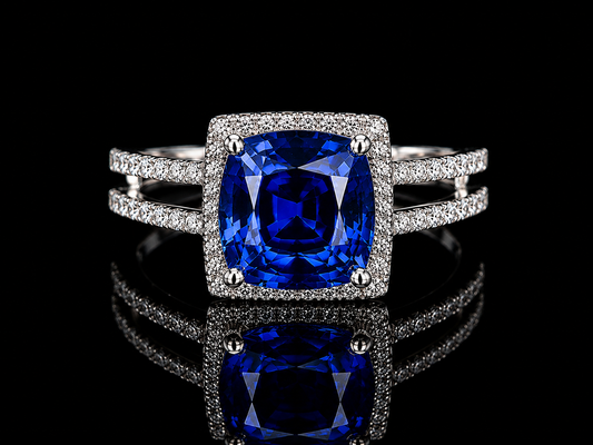 18K White Gold Lab-Grown Blue Sapphire Cushion Cut Diamond Ring – 3.41 CT Total