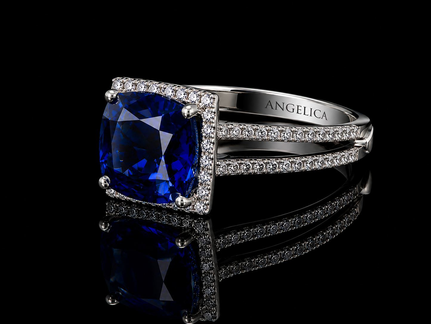 18K White Gold Lab-Grown Blue Sapphire Cushion Cut Diamond Ring – 3.41 CT Total