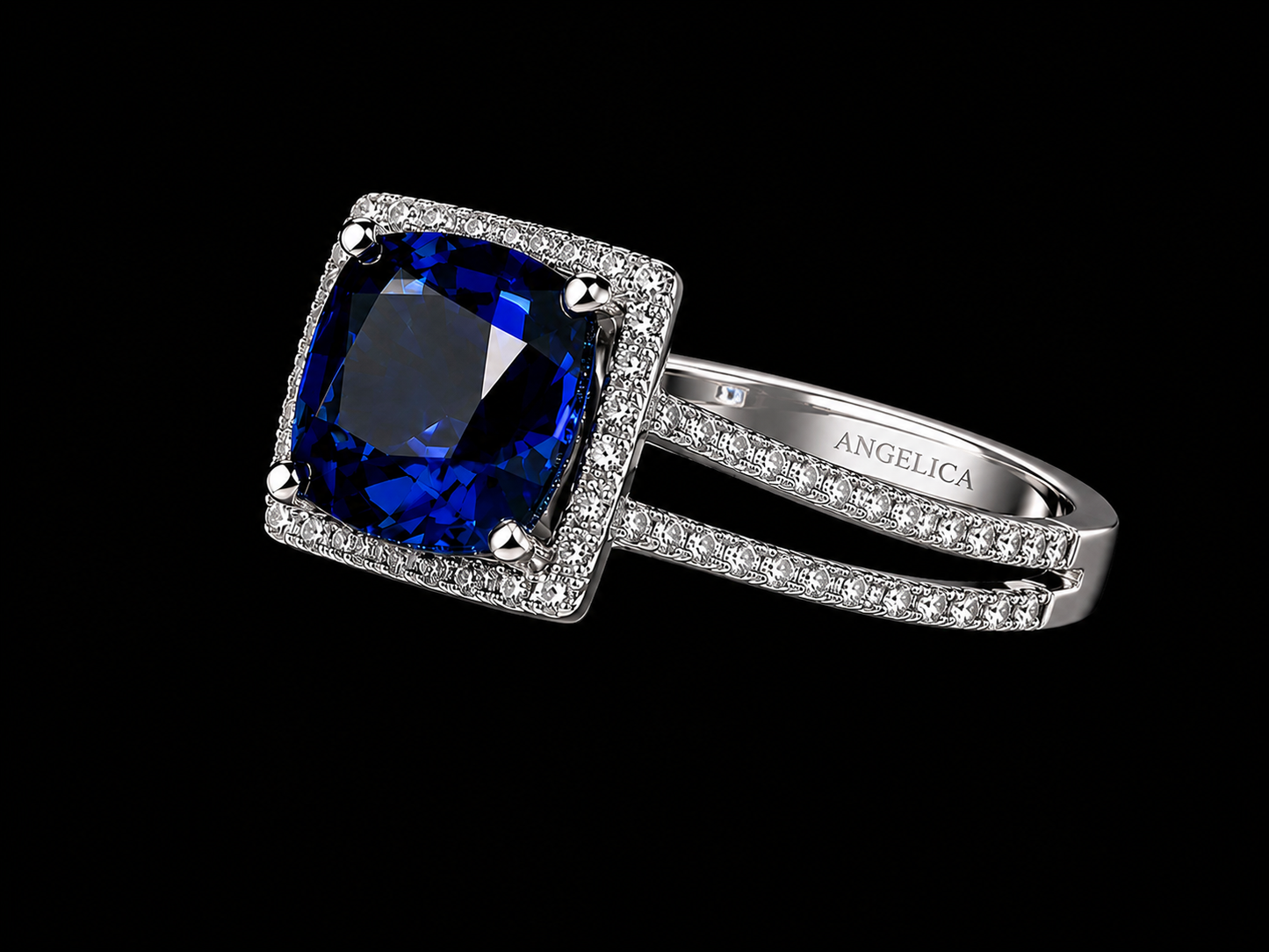 18K White Gold Lab-Grown Blue Sapphire Cushion Cut Diamond Ring – 3.41 CT Total
