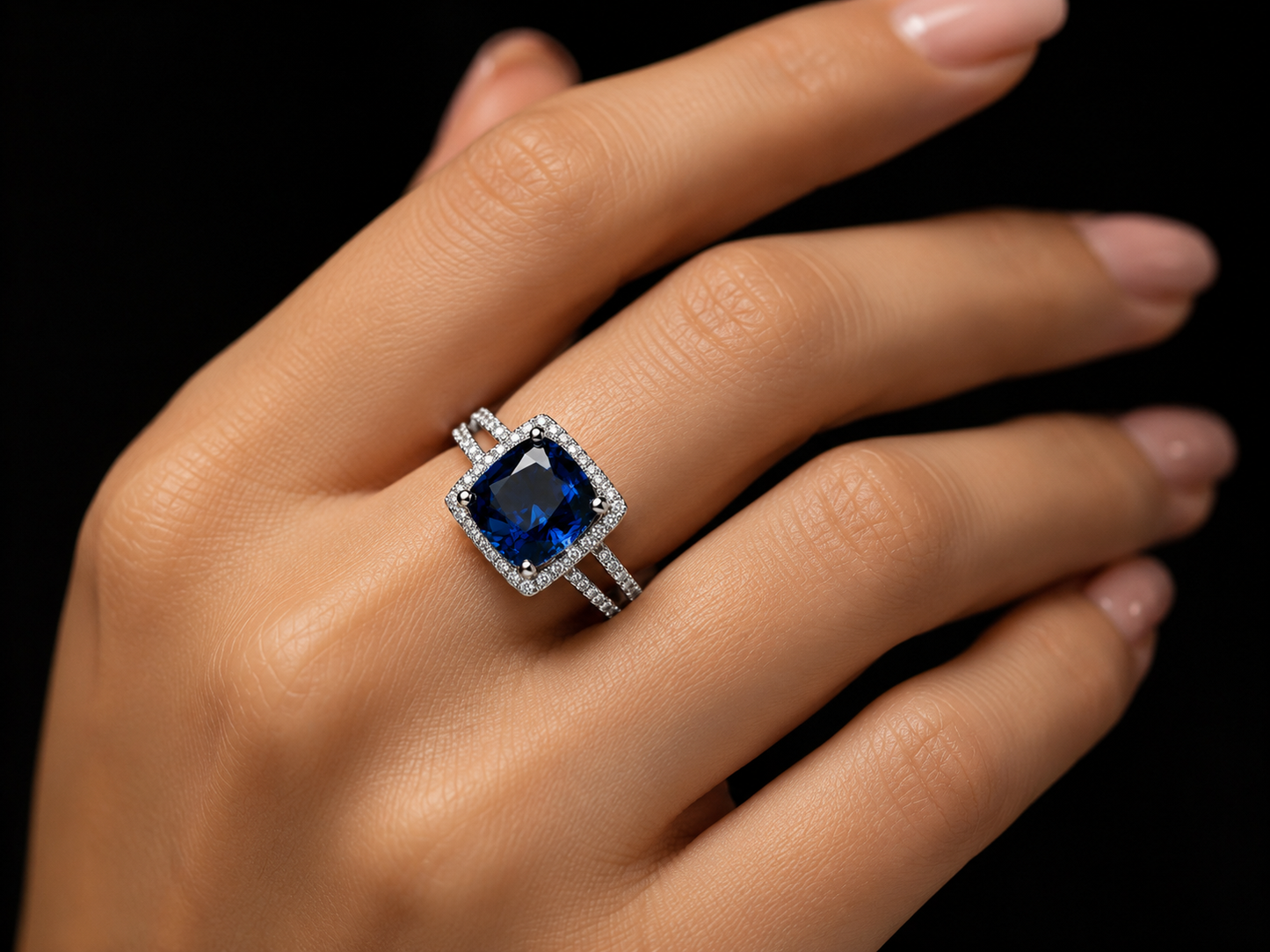 18K White Gold Lab-Grown Blue Sapphire Cushion Cut Diamond Ring – 3.41 CT Total