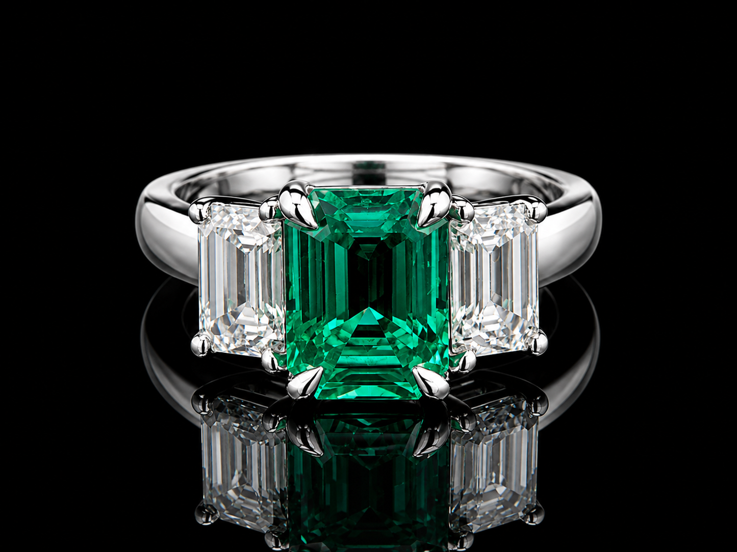 Platinum Lab-Grown Three-Stone Ring with Green Emerald Stone &amp; Two Lab-Grown Emerald Cut Diamonds – 2.46 CT Total