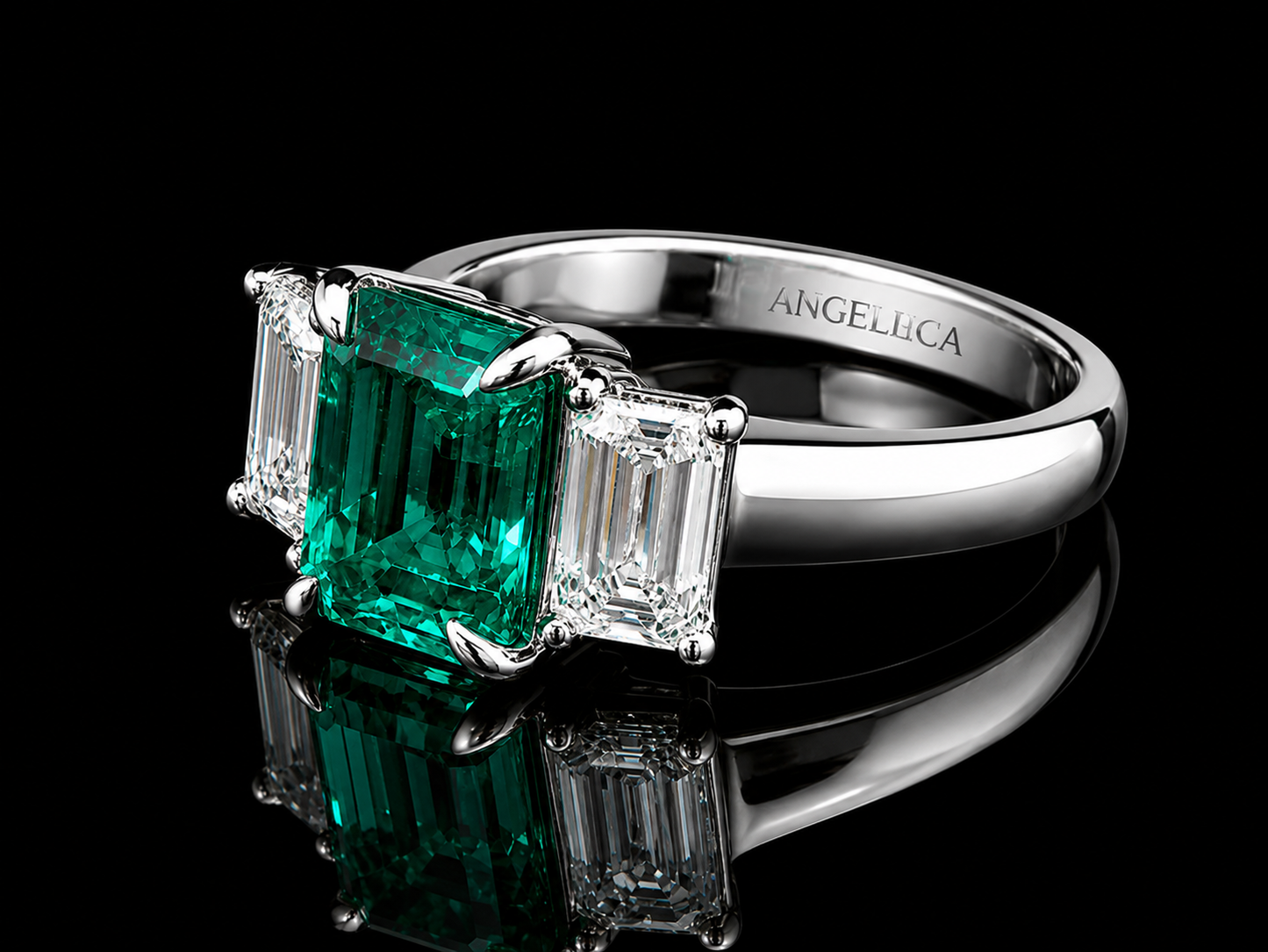 Platinum Lab-Grown Three-Stone Ring with Green Emerald Stone &amp; Two Lab-Grown Emerald Cut Diamonds – 2.46 CT Total