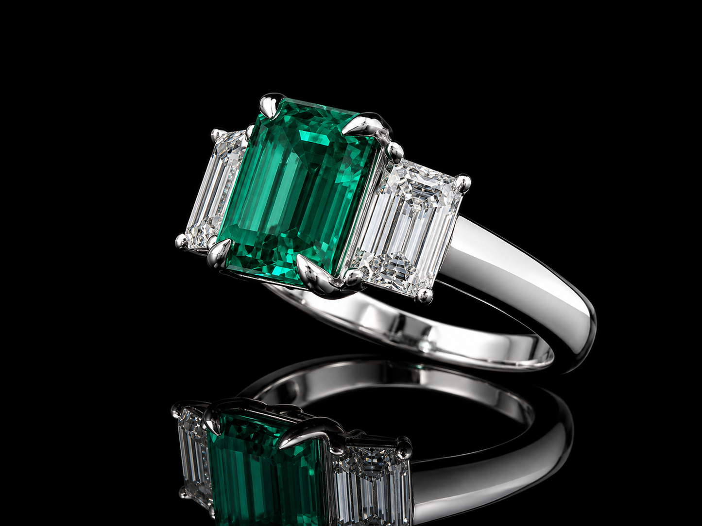 Platinum Lab-Grown Three-Stone Ring with Green Emerald Stone &amp; Two Lab-Grown Emerald Cut Diamonds – 2.46 CT Total