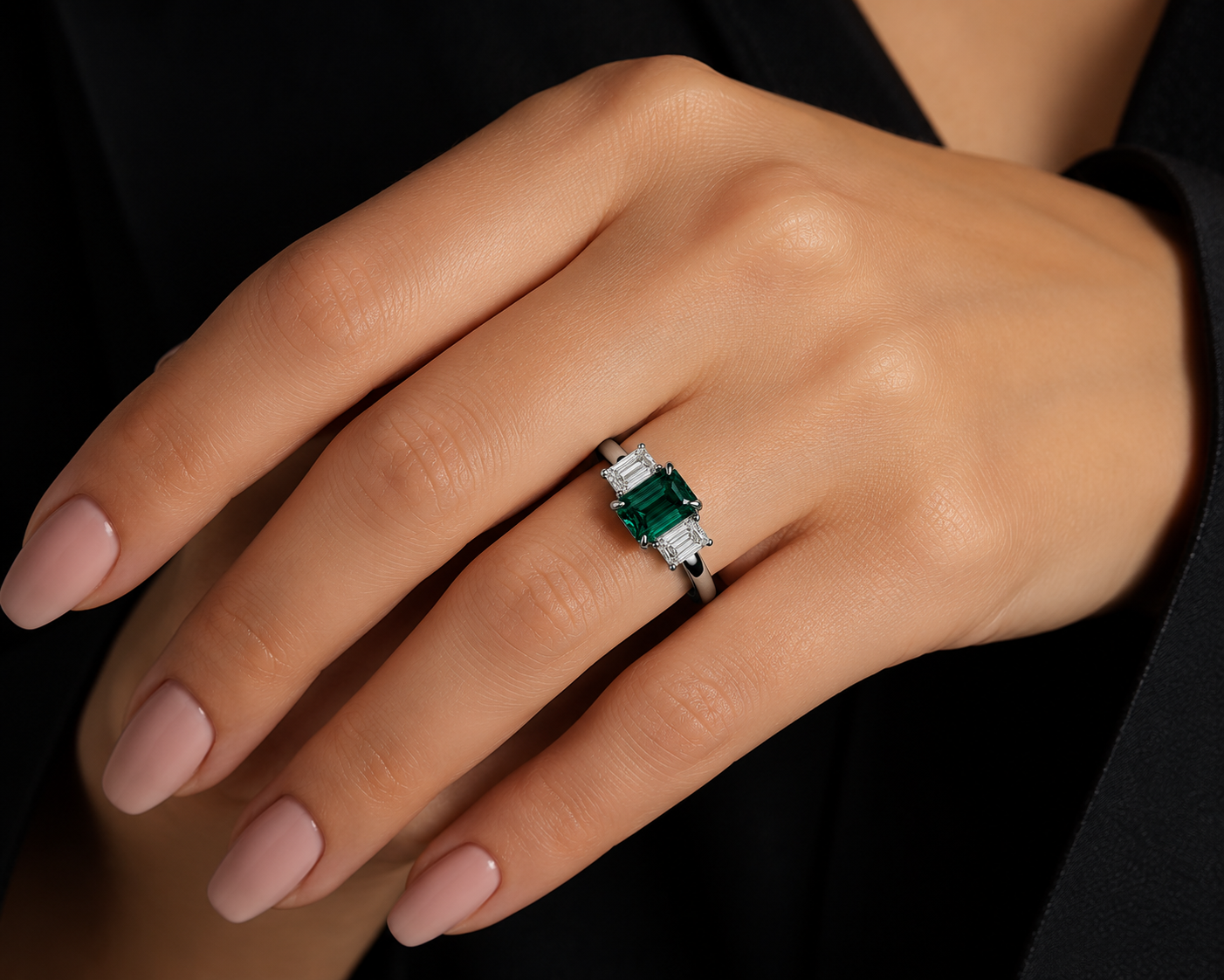 Platinum Lab-Grown Three-Stone Ring with Green Emerald Stone &amp; Two Lab-Grown Emerald Cut Diamonds – 2.46 CT Total