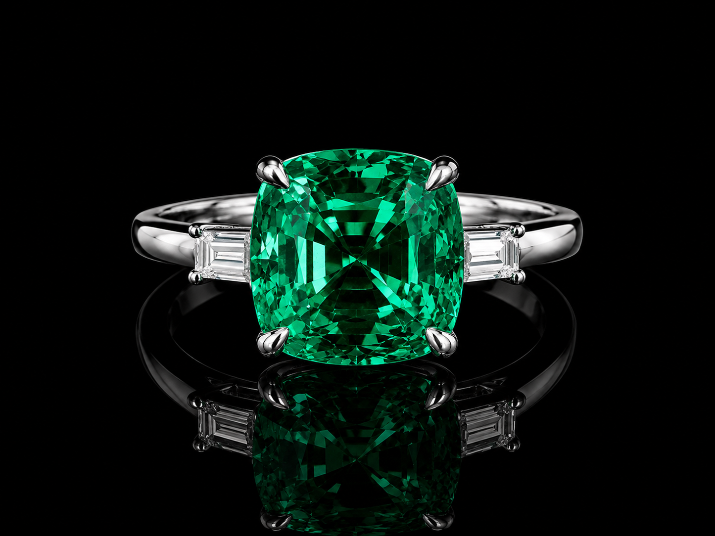 14K White Gold Lab Green Emerald Cushion Cut Diamond Ring – 2.61 CT Total