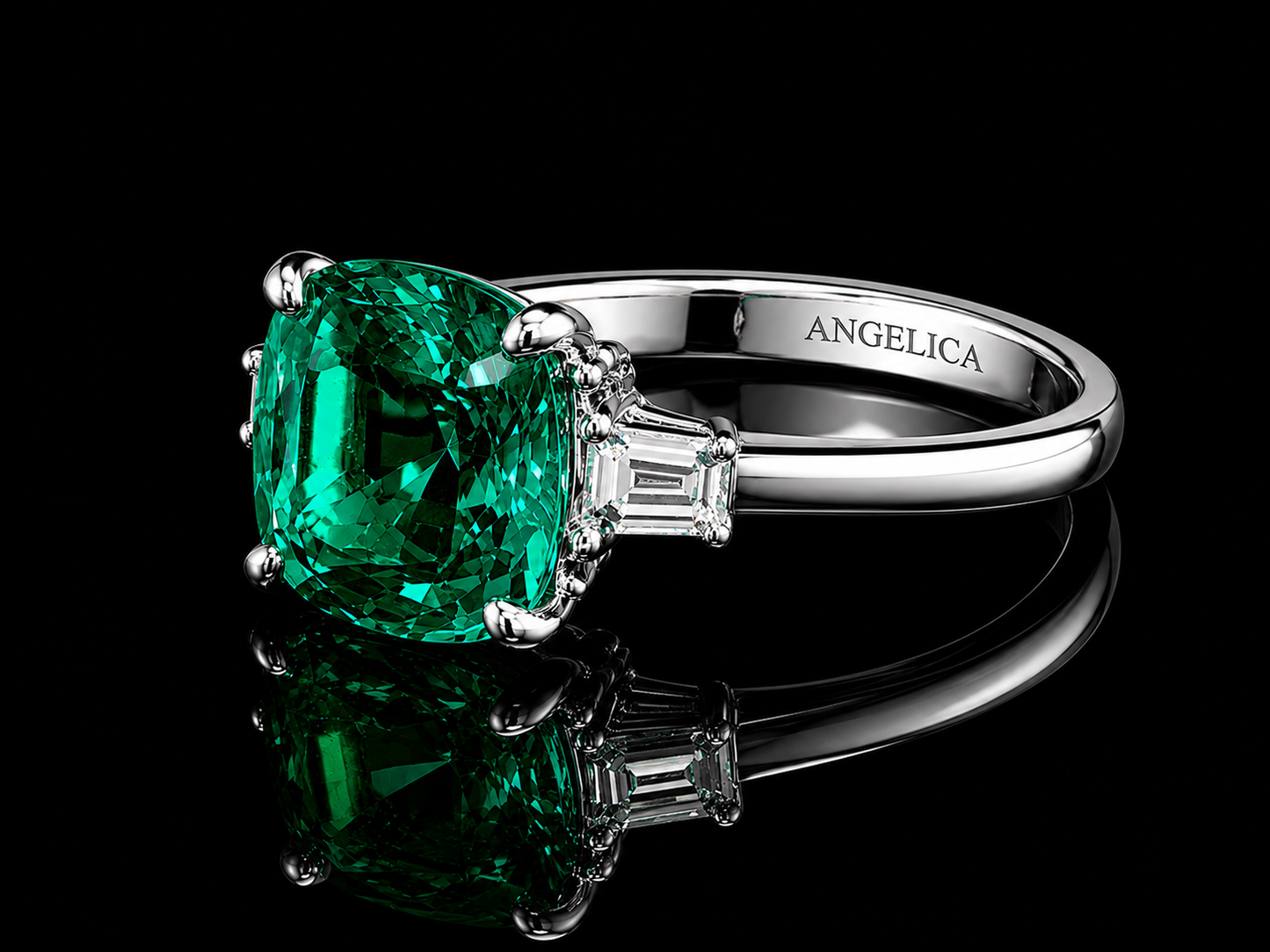 14K White Gold Lab Green Emerald Cushion Cut Diamond Ring – 2.61 CT Total