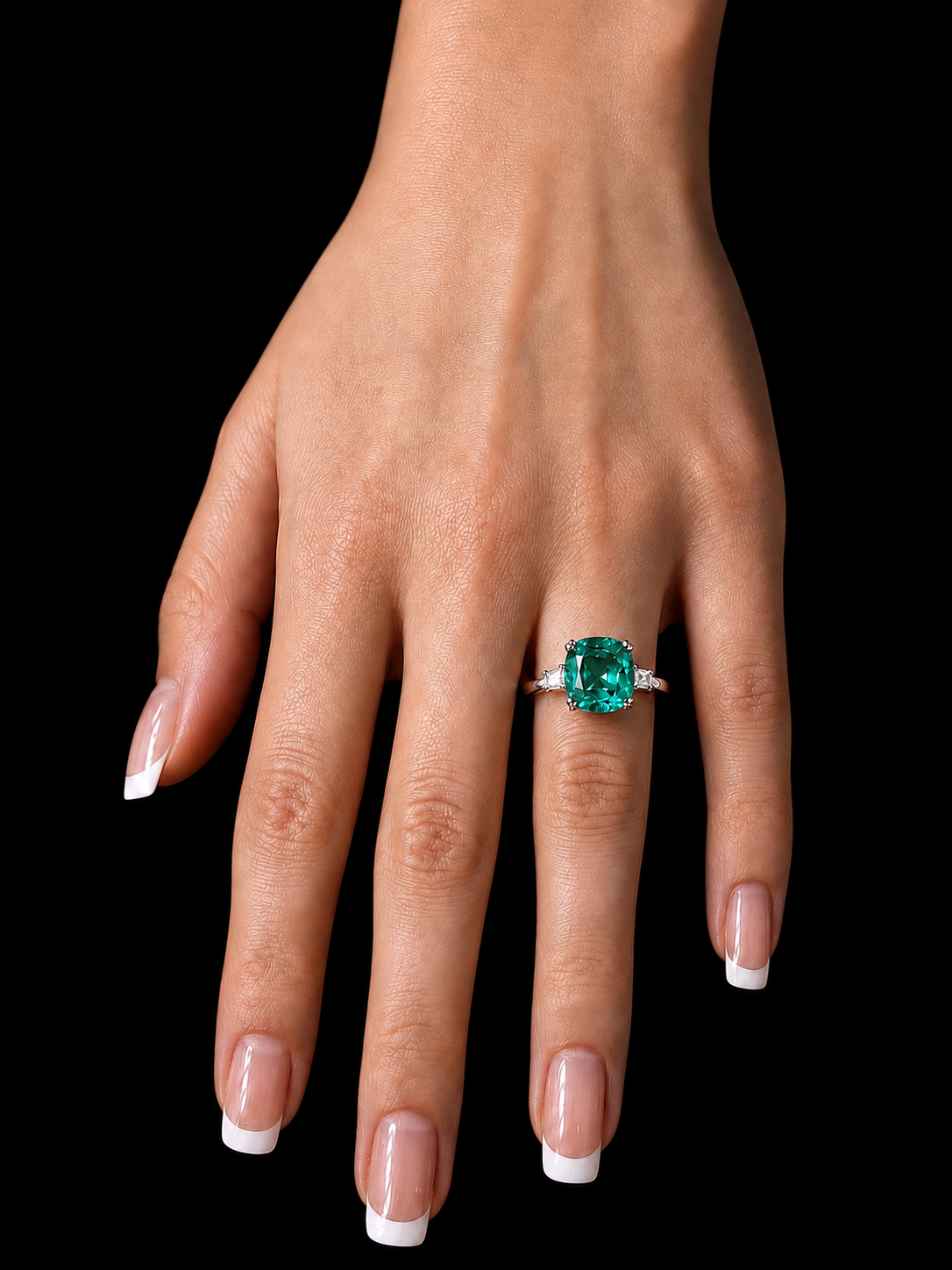 14K White Gold Lab Green Emerald Cushion Cut Diamond Ring – 2.61 CT Total
