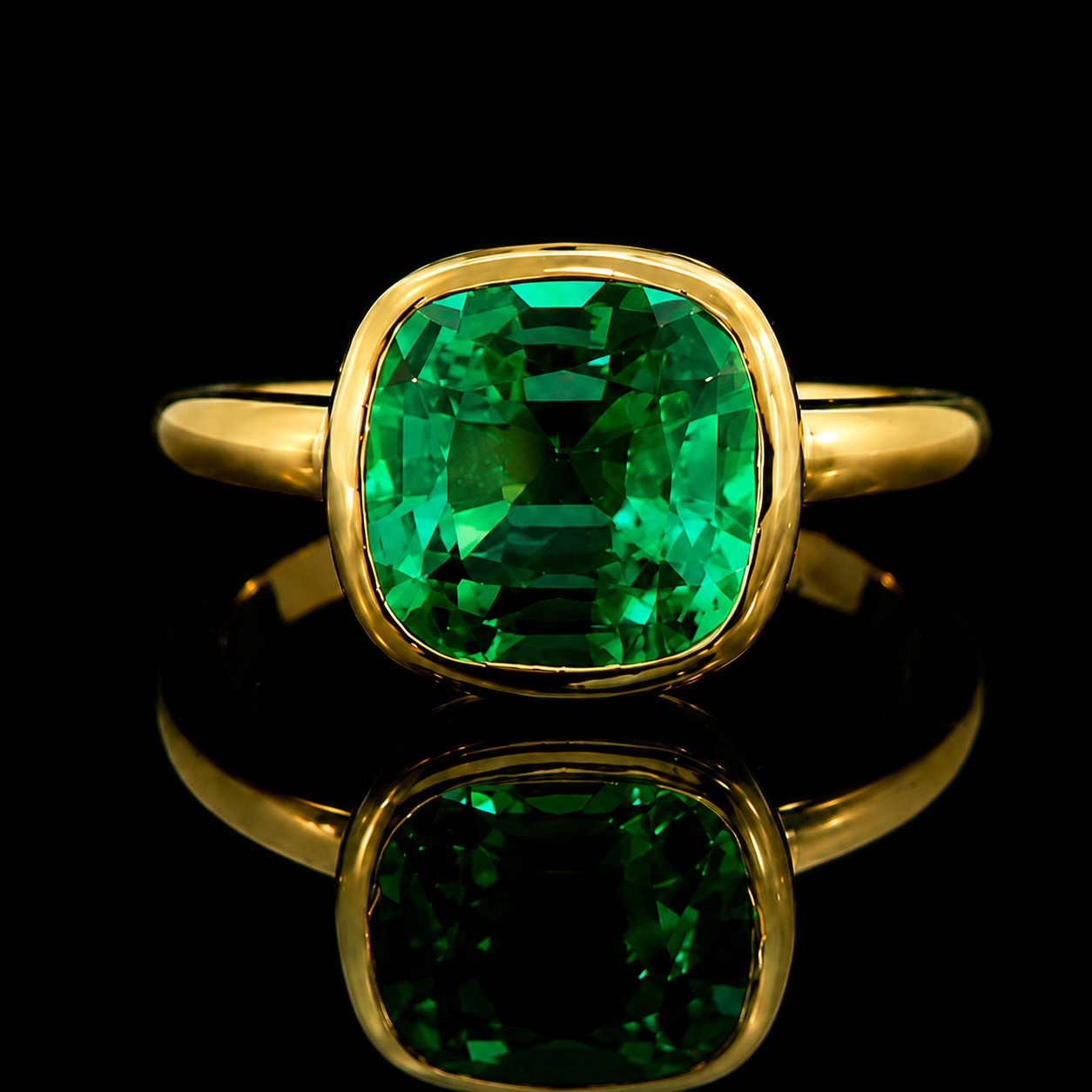 18K Yellow Gold Lab Green Emerald Cushion Cut Ring – 2.06 CT