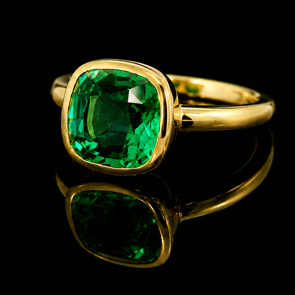 18K Yellow Gold Lab Green Emerald Cushion Cut Ring – 2.06 CT