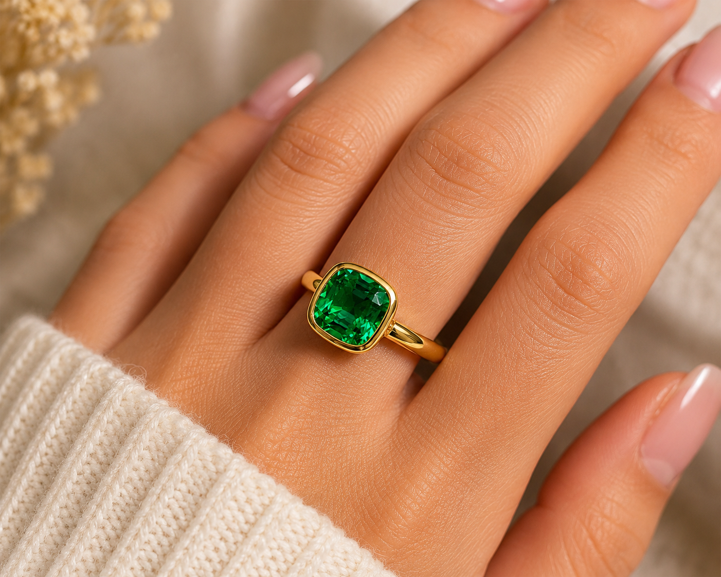 18K Yellow Gold Lab Green Emerald Cushion Cut Ring – 2.06 CT