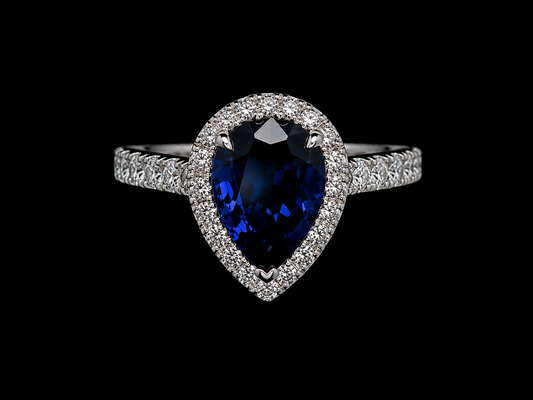 14K White Gold 2.49 ct. Lab-Grown Blue Sapphire Pear Shape with 0.85 ct. natural Diamonds Ring
